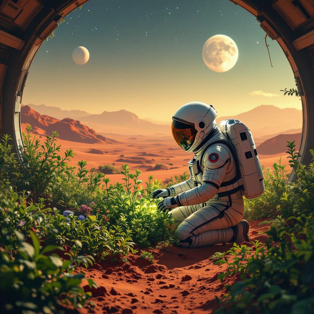 Astronaut's Bioluminescent Garden on Mars in Sci-Fi Style