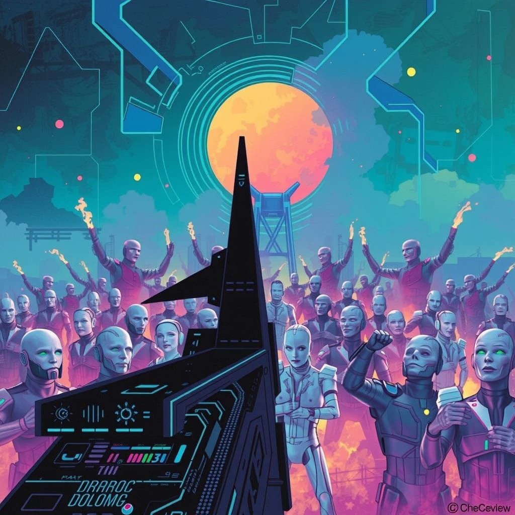 Robots in Dystopian Cityscape with Neon Lights