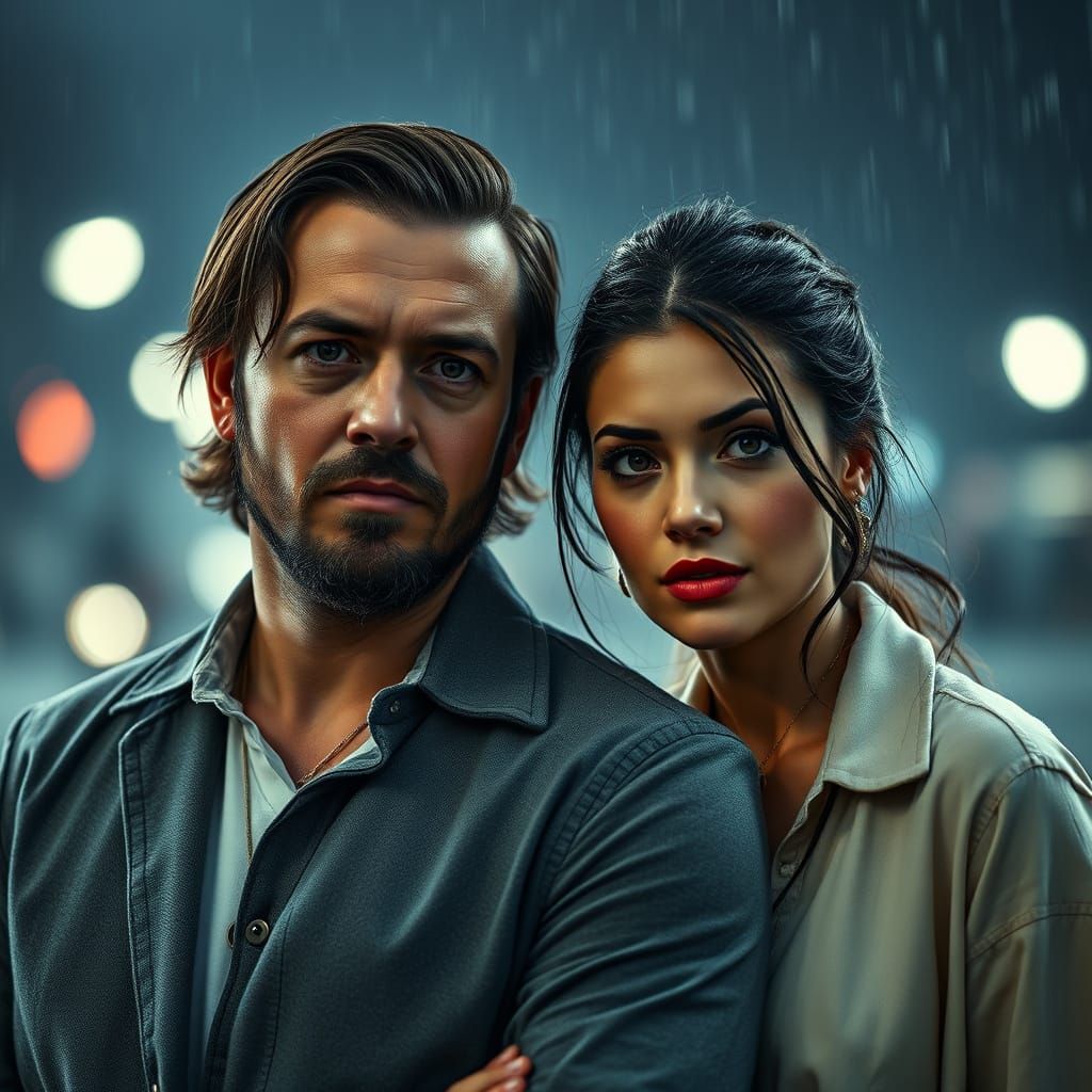 Embracing Couple in Storm, Dramatic Hyperrealism