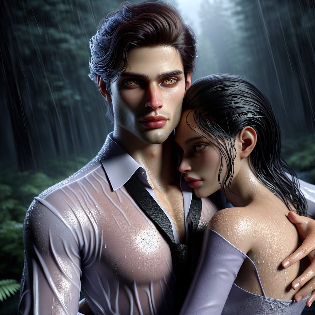 Vampire Couple Embrace in Hyperreal Rain Shower