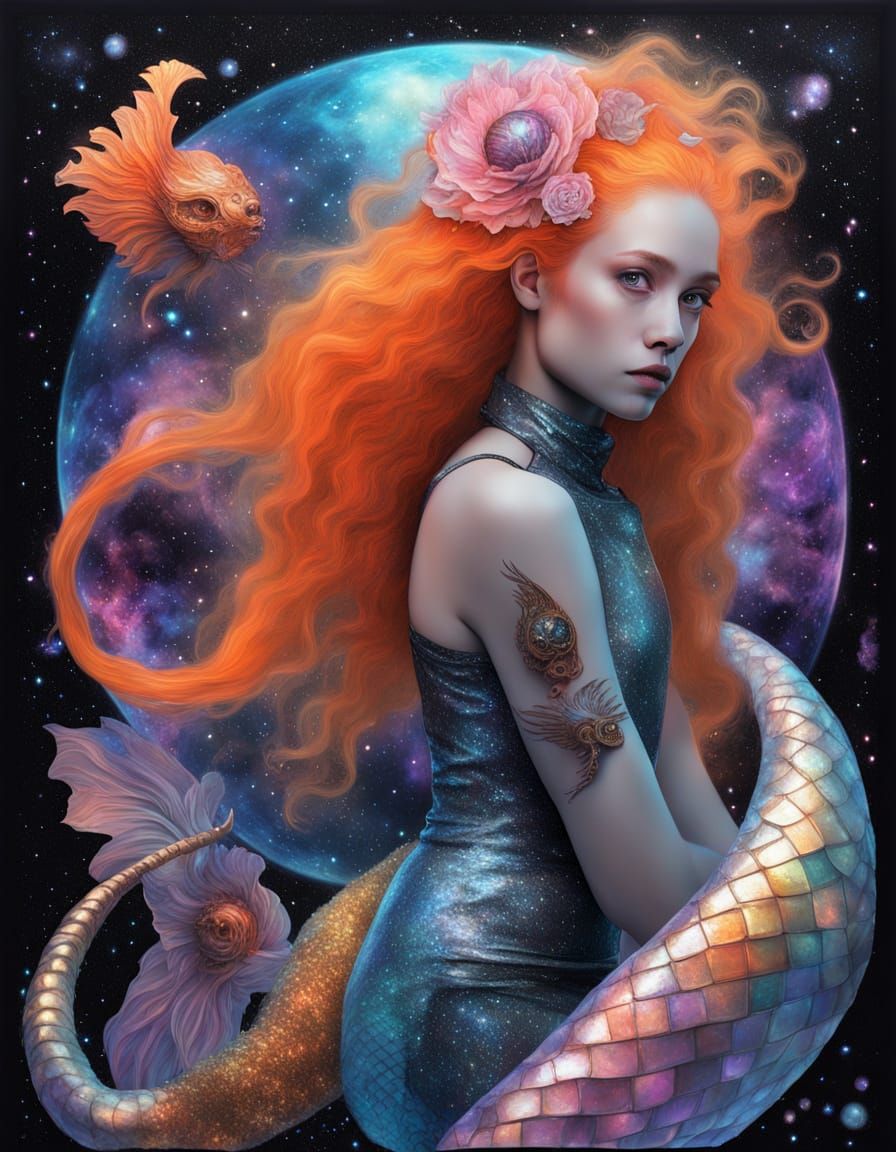 Mermaid Goddess with Scorpion Tail in Vibrant, Impasto Color...