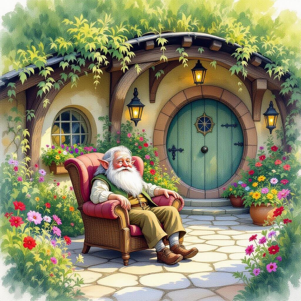 Charming Hobbit in Bag End Watercolor Scene