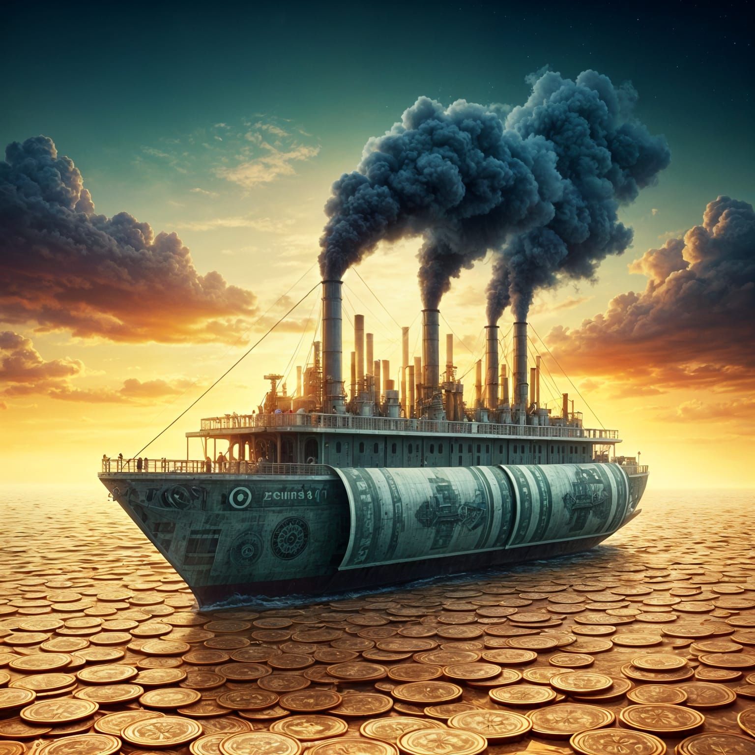 Steamboat Made of Money Sailing on Golden Coins