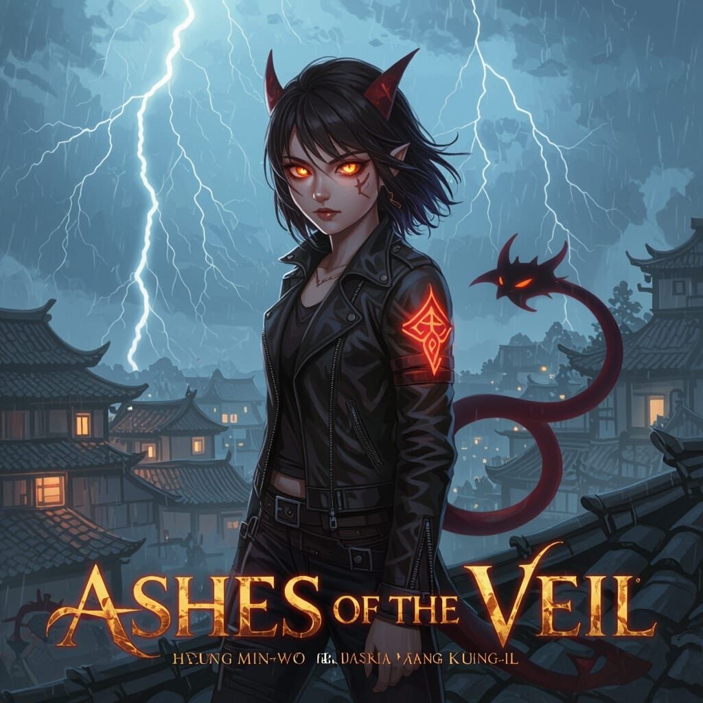 Half-Demon Queen on Misty Rooftop with Glowing Sigil