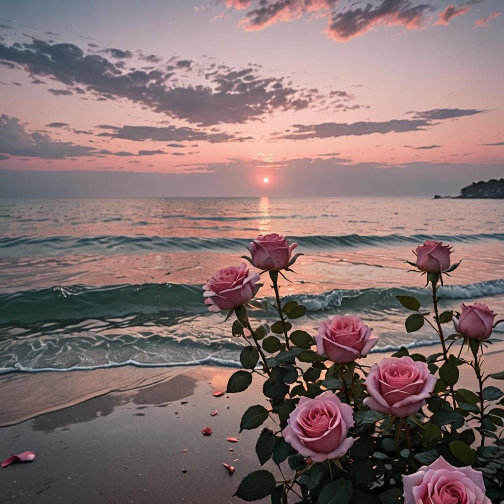 Rococo Beach Dawnscape with Floating Roses
