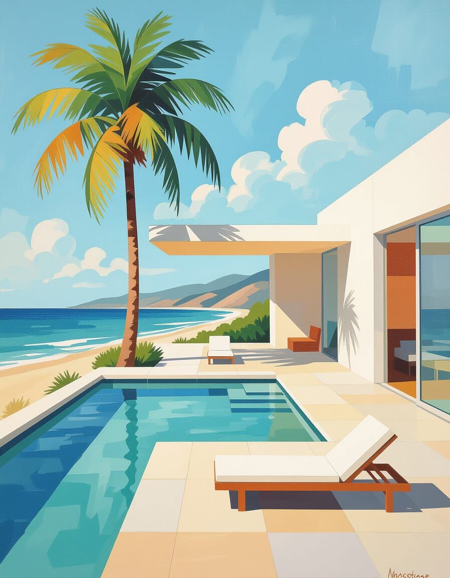 Minimalist Mid-Century Art Houses Near Ocean Pool