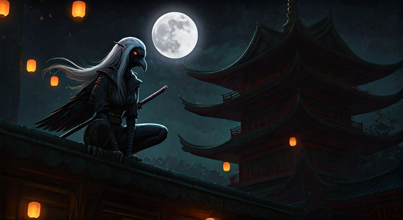 Raven Ninja on Pagoda in Futuristic Style