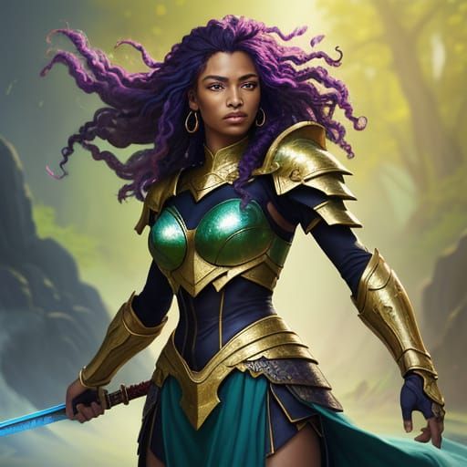 Woman Warrior with Sword in Vibrant Oil Painting