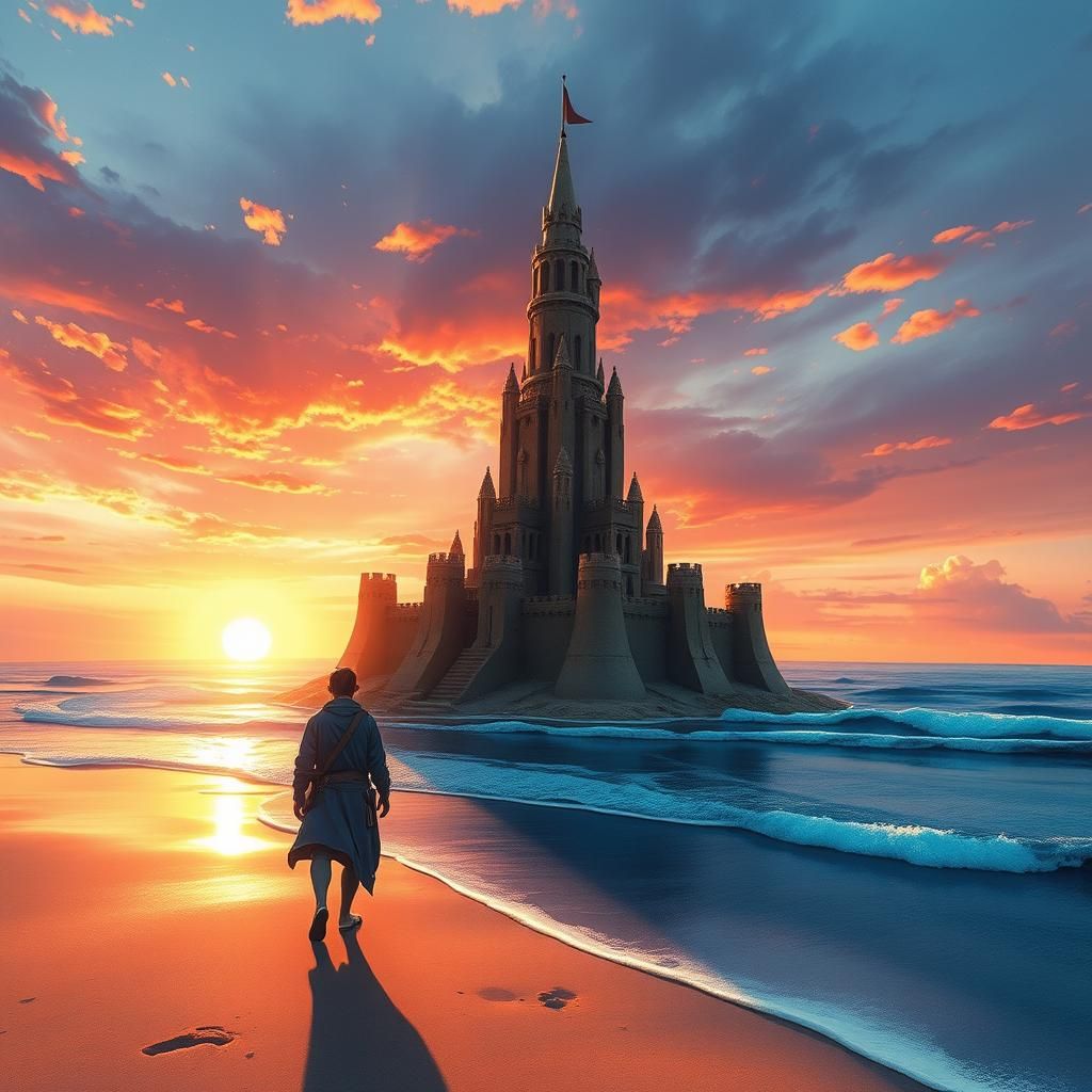 Fantasy Sandcastle Sunset in Watercolor Style