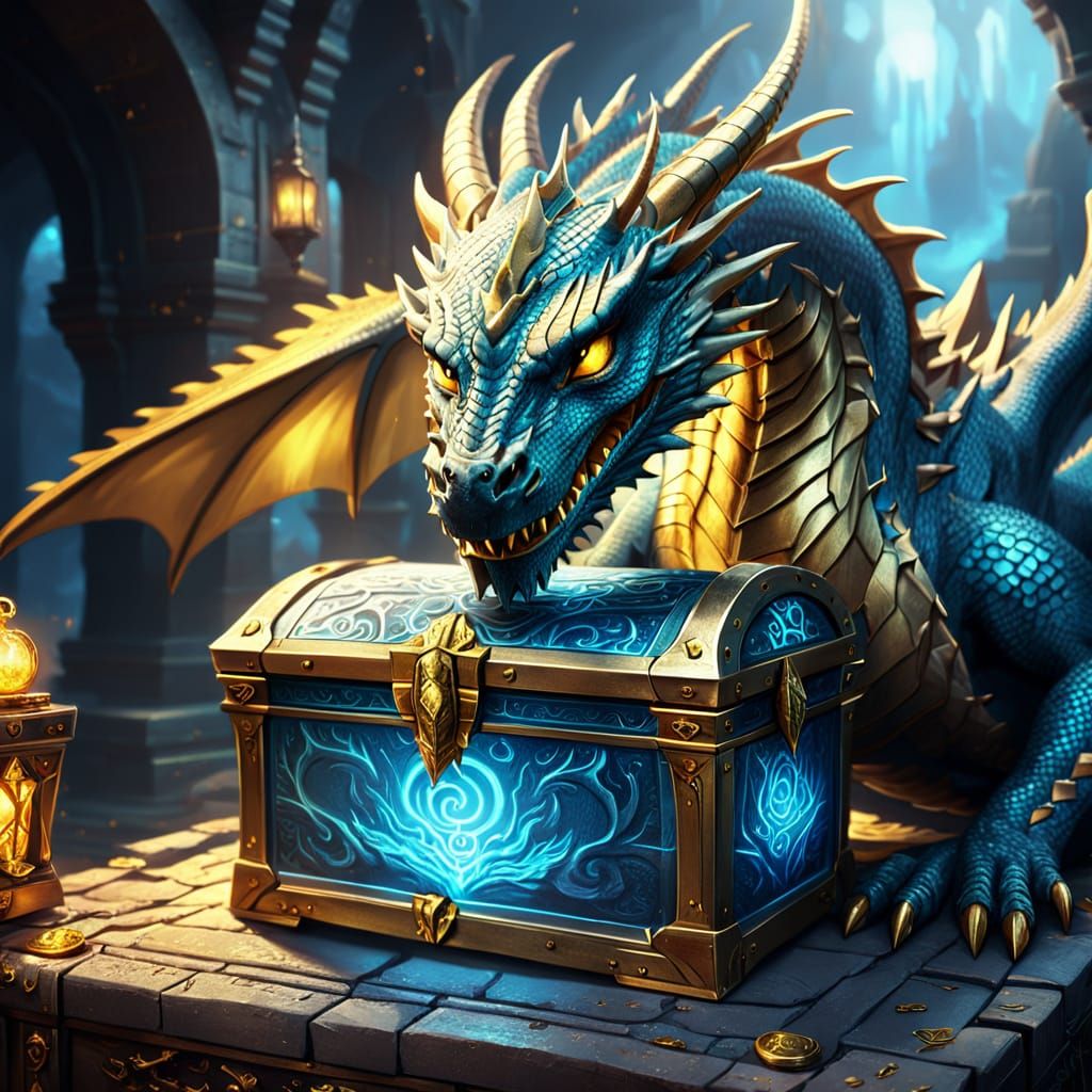 Dragon Guarding Magical Chest: Fantasy Concept Art
