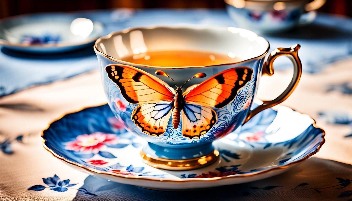Porcelain Butterfly on Teacup Macro Photograph