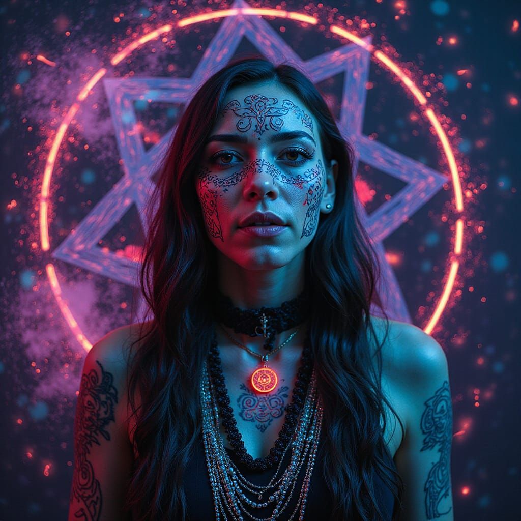 Cyberpunk Shaman Portrait with Neon Tattoos
