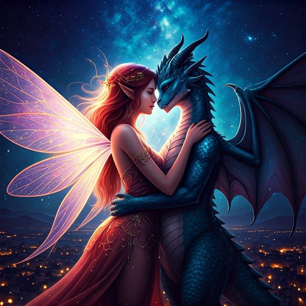 Romantic Fairy and Dragon Nighttime Scene in Vibrant Colors
