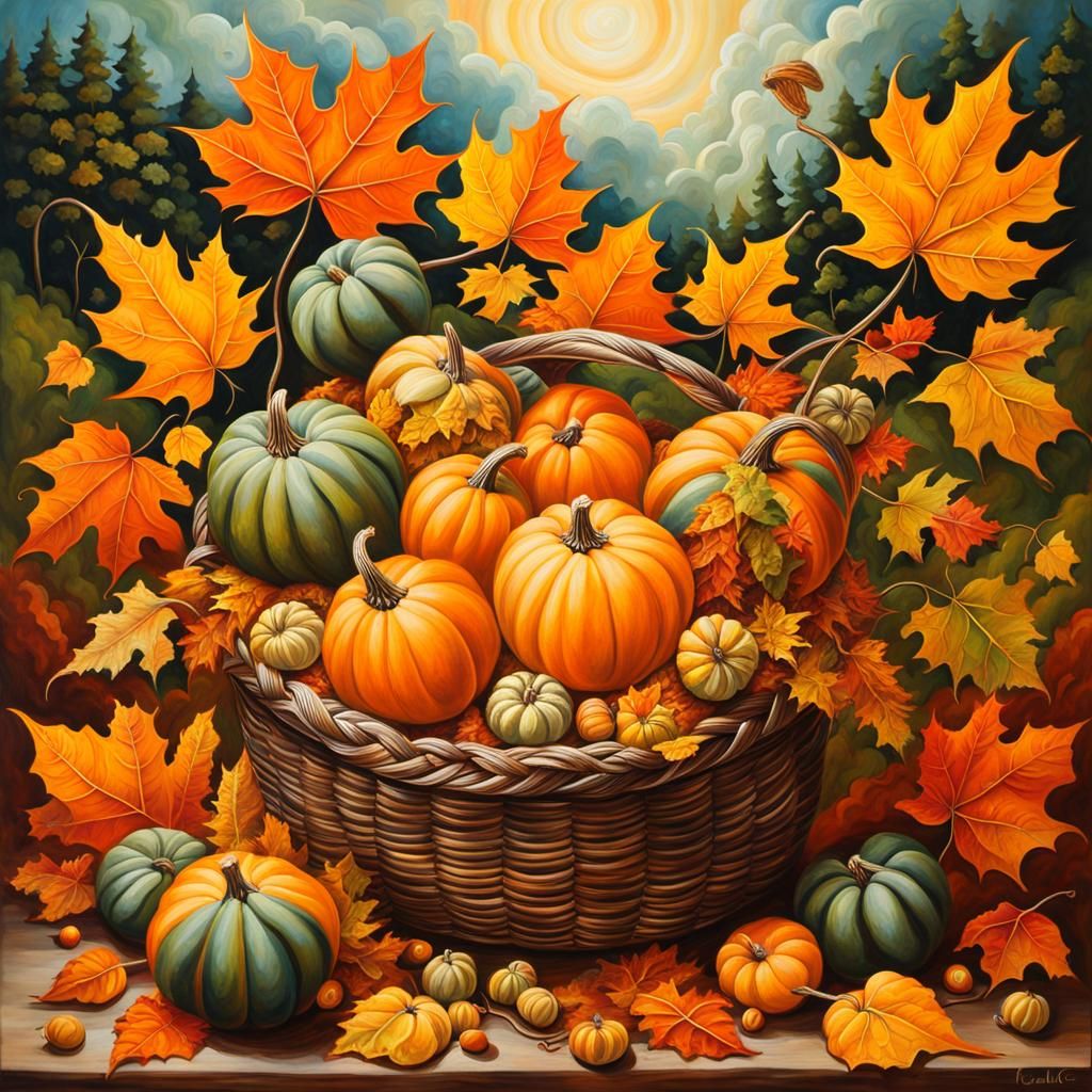 Gourds in Autumnal Still Life, Oil Painting