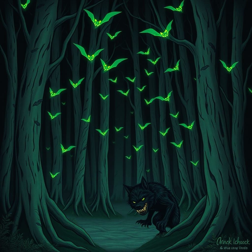 Eerie Forest with Werewolf in Pop Surrealist Style