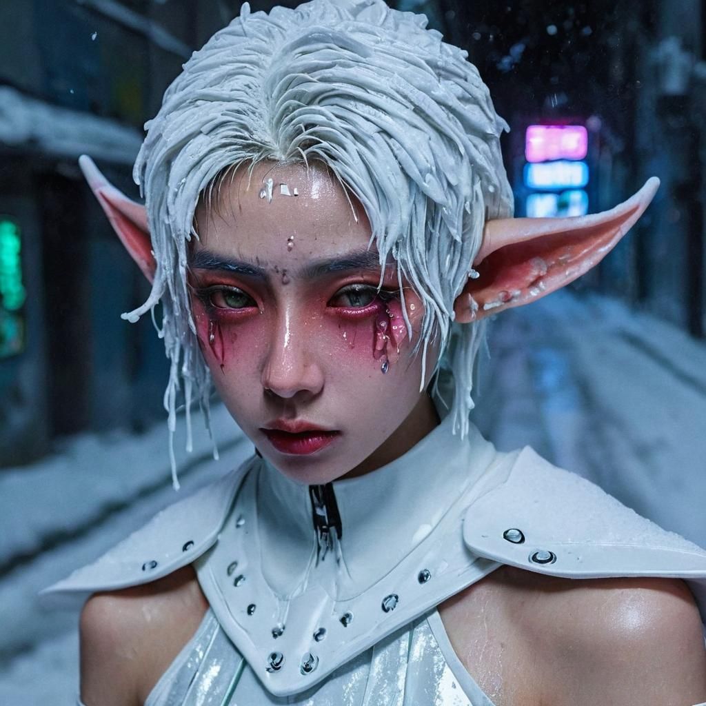 Cyberpunk Elf-Demon Portrait in Neon Alleyway