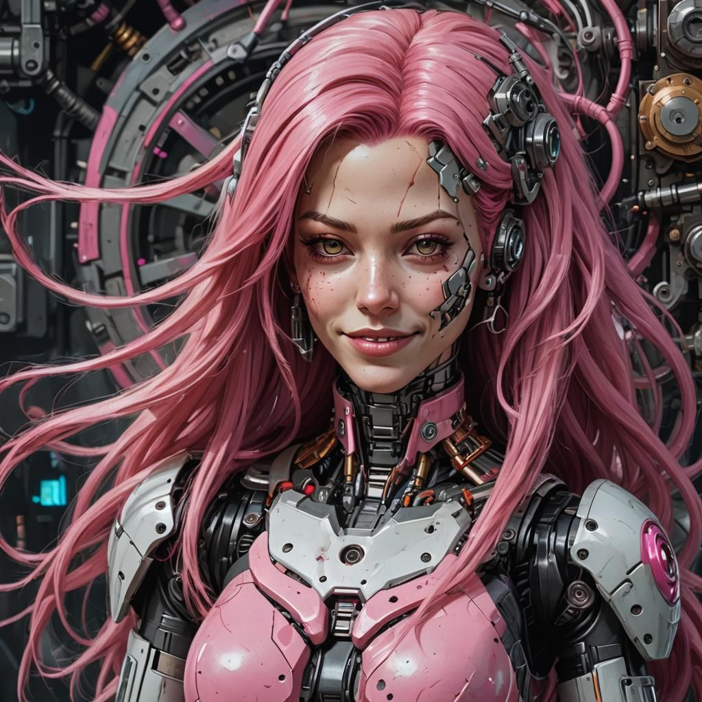 Pink-Haired Cyborg Smile: Dynamic Action Painting