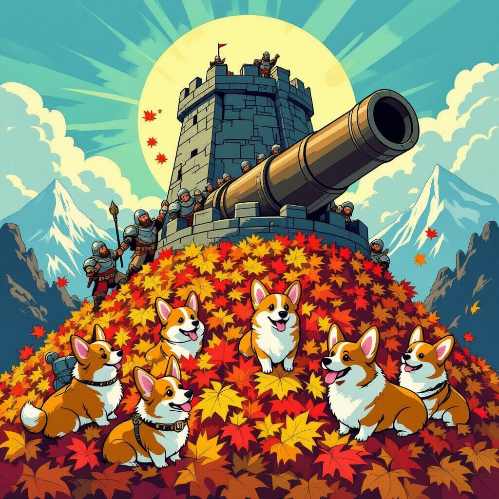 Corgis Guarding Mount Doom in Cartoon Style