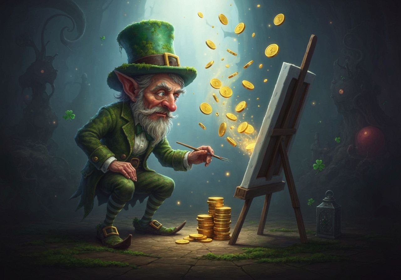 Leprechaun Artist Paints Magical Gold Coins in Surreal Style