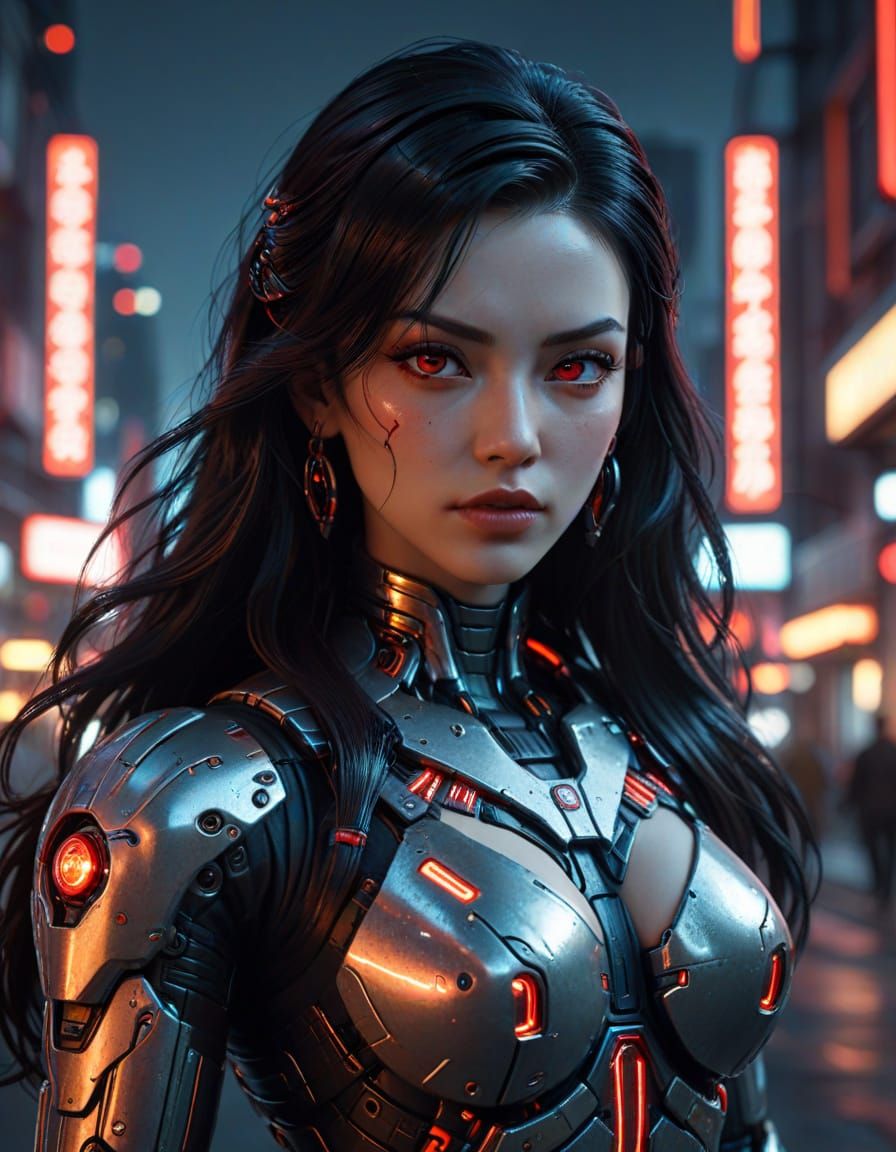 Cyberpunk Android with Red Eyes in Neon City
