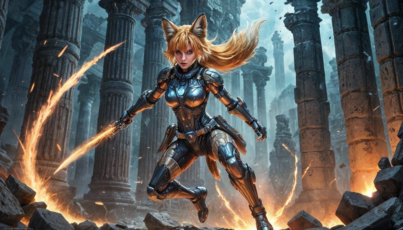 Cybernetic Fox Warrior in Ancient Ruins Anime Illustration