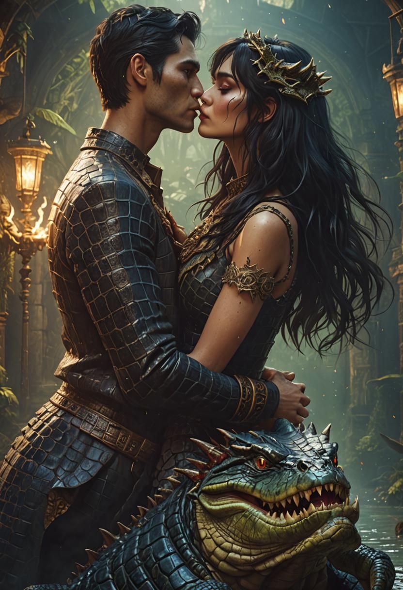 Woman Kissing Crocodile Demon in Detailed Matte Painting