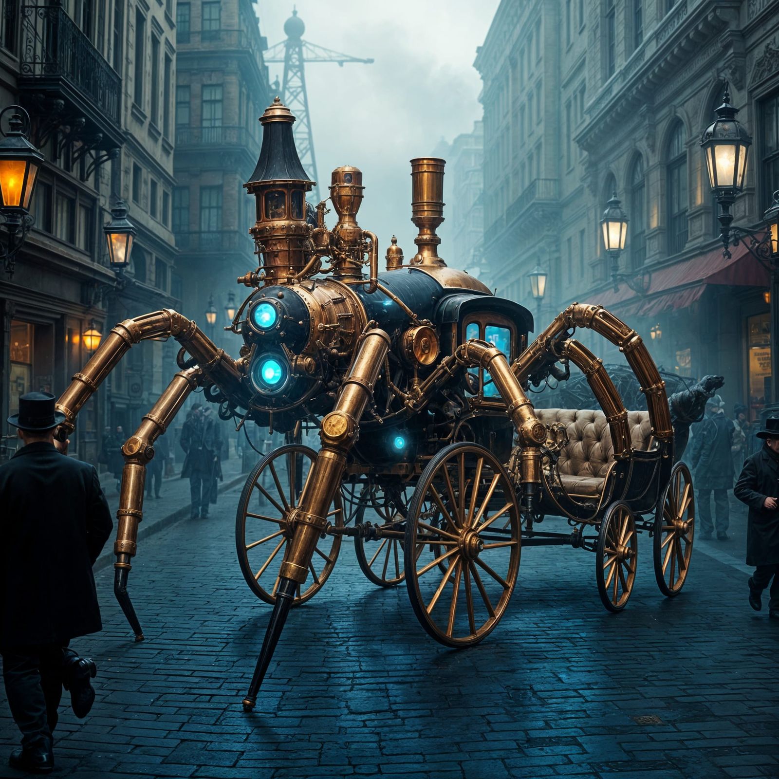 Steampunk Spider Carriage in City Street