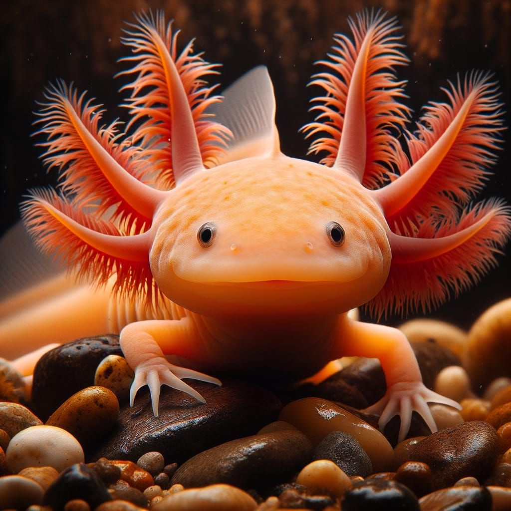 Peach Axolotl in Natural Habitat: High Fidelity Photo