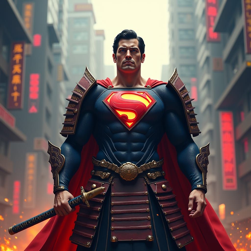 Samurai Superman in Dystopian City as Matte Painting