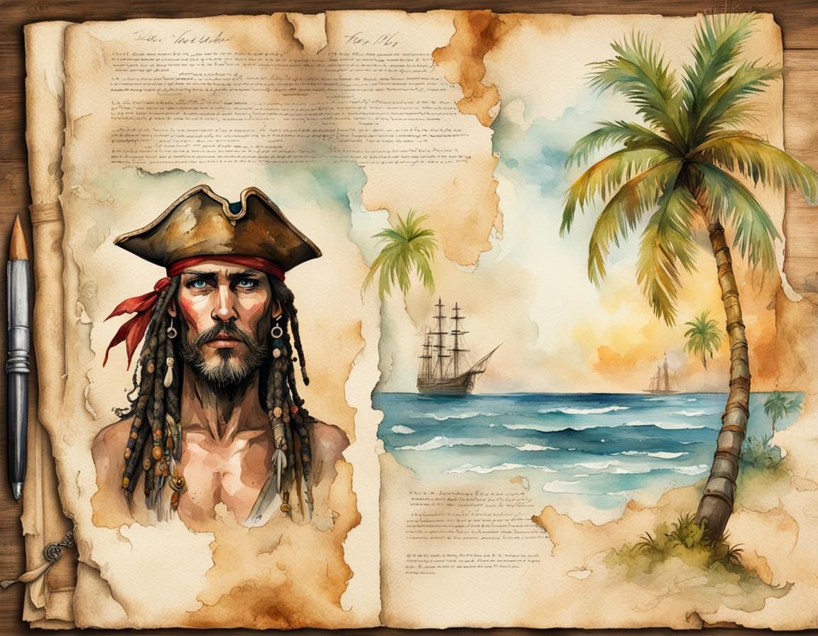 Pirate Portrait on Aged Parchment in Watercolor Style