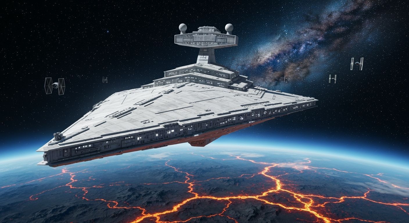 Star Destroyer Above Volcanic Planet in Deep Space
