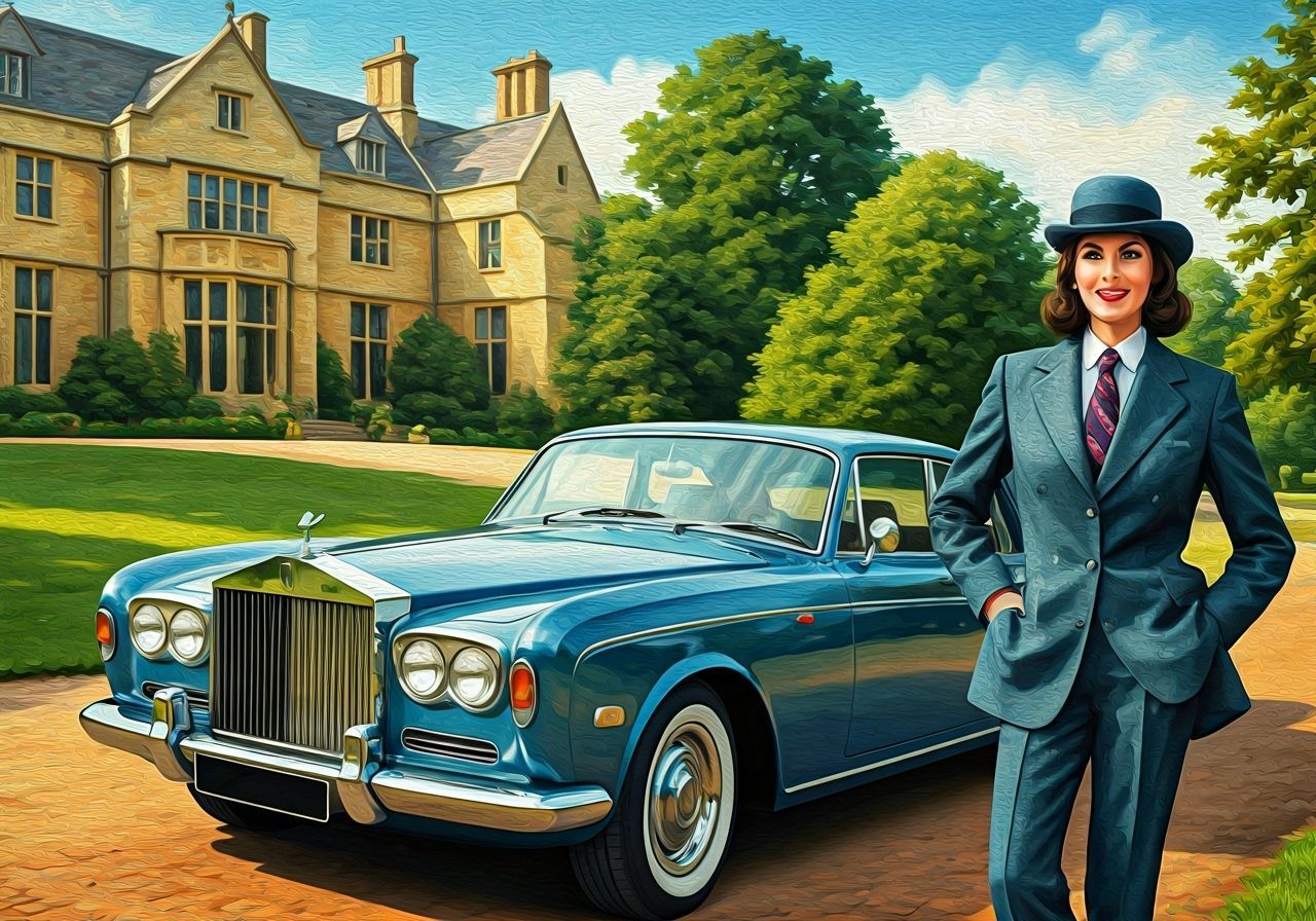 Woman with Rolls Royce: Impressionistic Oil Painting