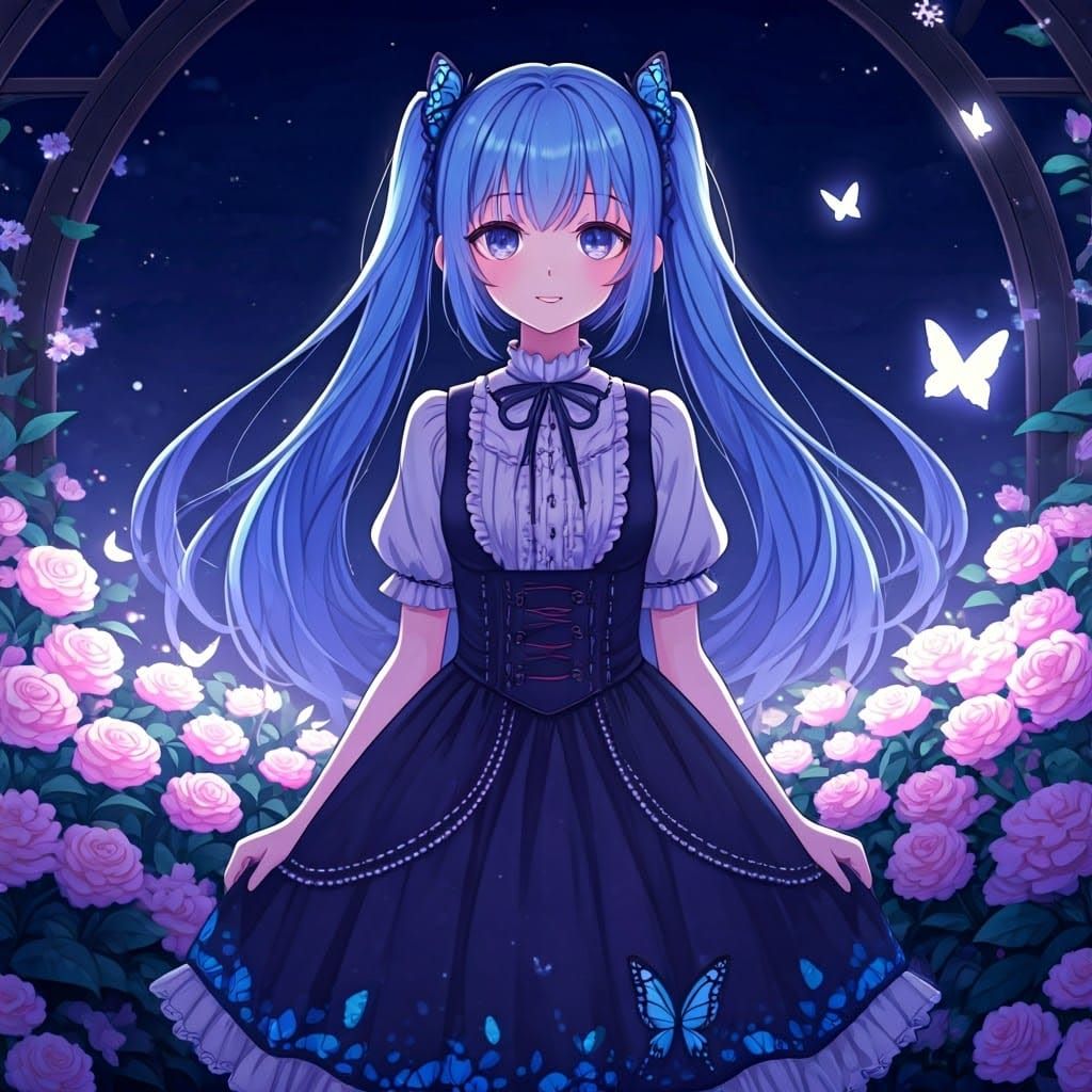 Gothic Girl in Moonlit Garden with Luminous Flowers and Butt...