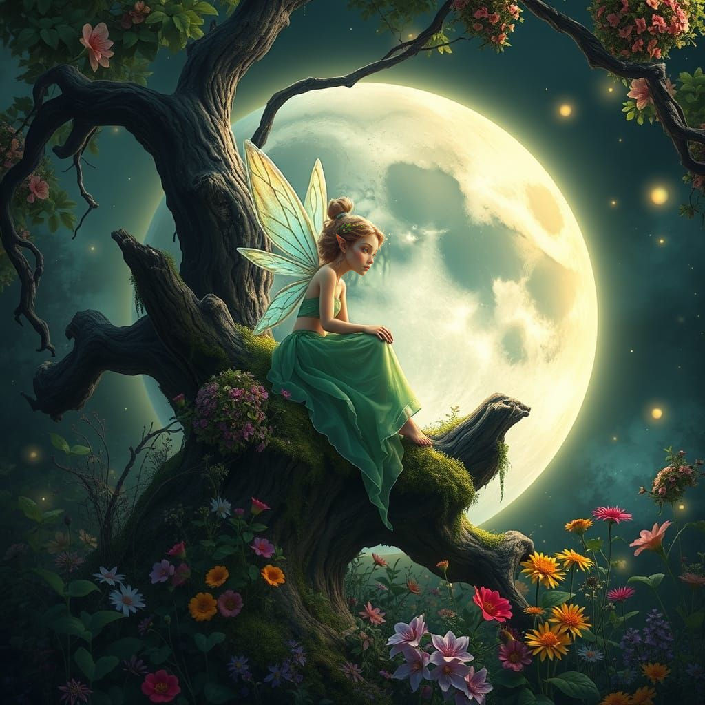 Whimsical Fairy in Glowing Moonlit Forest