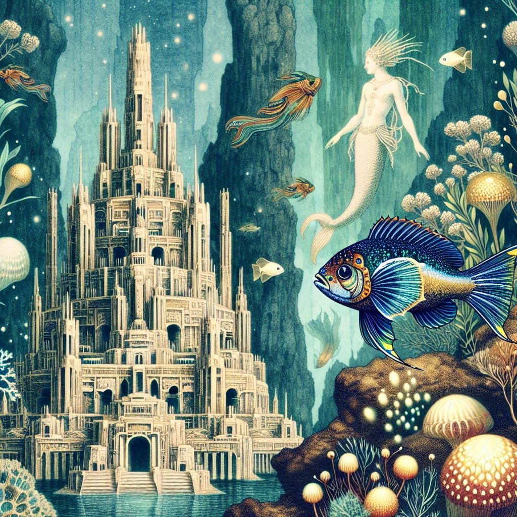 Close up  of cuty fish,background Ancient underwater Atlantis, towering crystal structures, mermaids, glowing aquatic li...