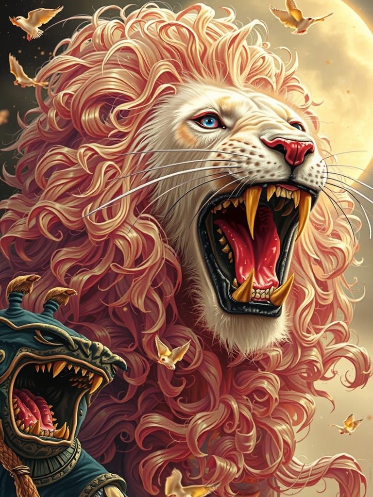 And majestic lion, roaring, close-up