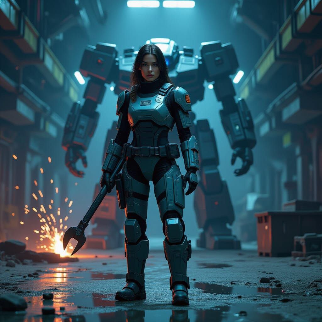 Engineer in Mech Bay with Exoskeletons in Industrial Futuris...