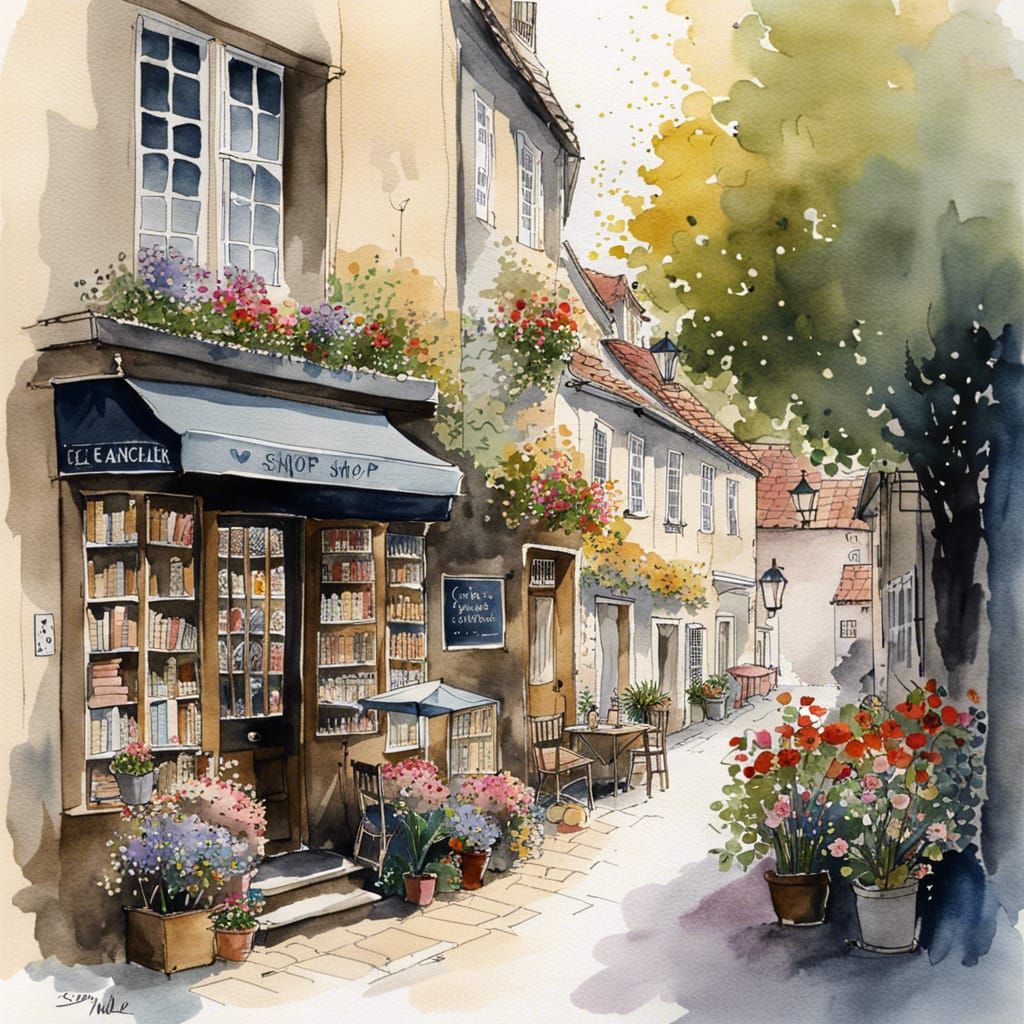 Charming Old Town Street Scene in Watercolor