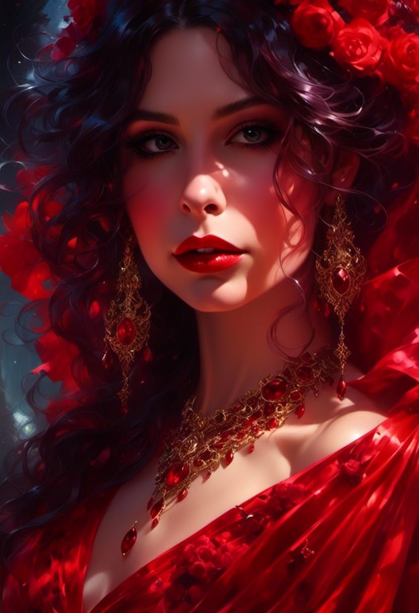 Woman in Red Gown with Roses, Digital Masterpiece