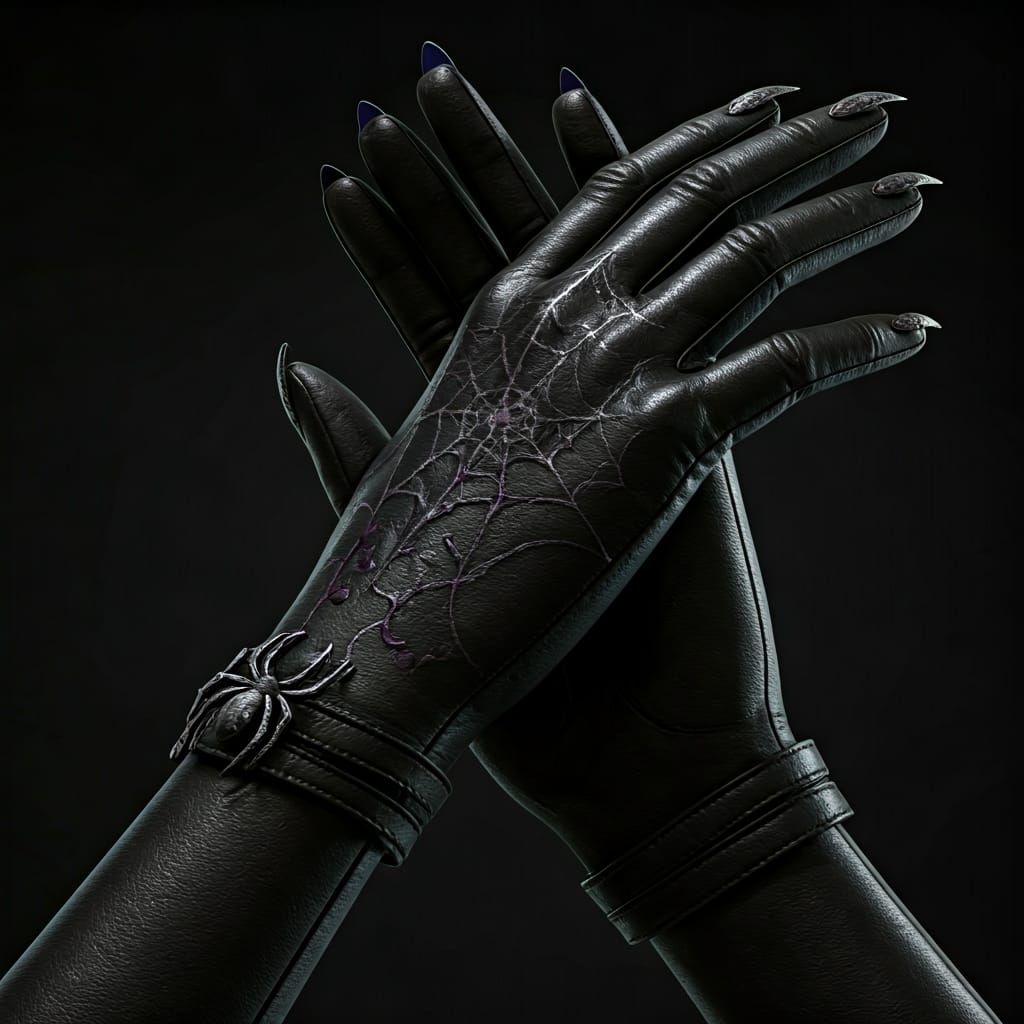 Elegant Black Leather Gloves with Spiderweb Design