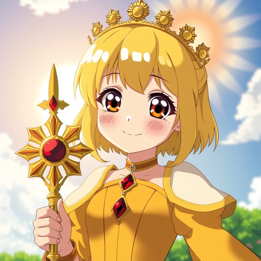 Anime Princess in Vibrant Crown and Golden Gown