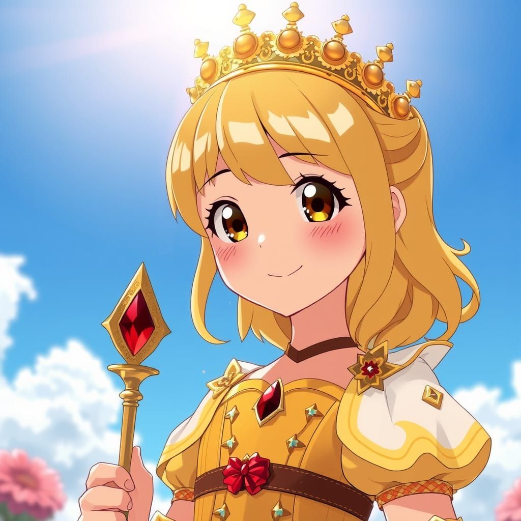 Anime Princess in Radiant Sunlight with Golden Crown and Rub...
