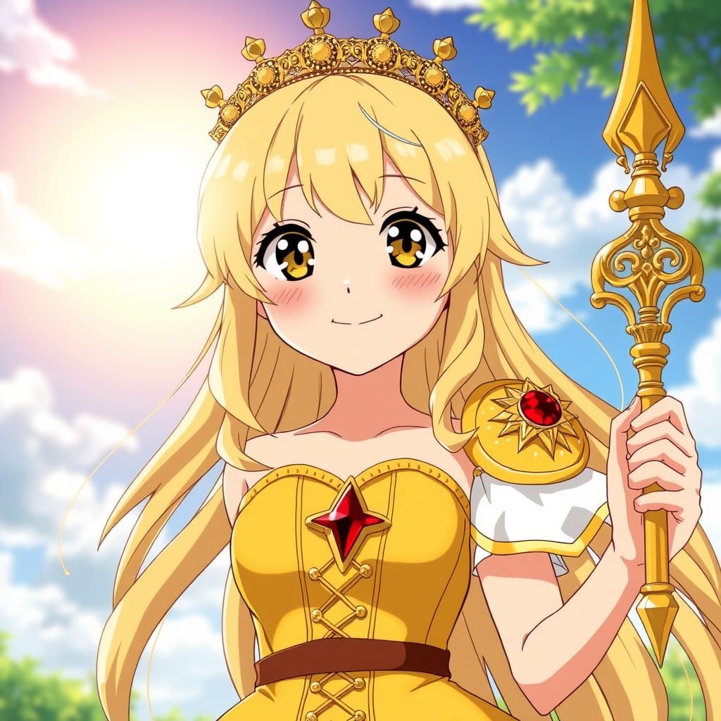 Anime Princess in Sunlit Glory with Golden Crown and Ruby