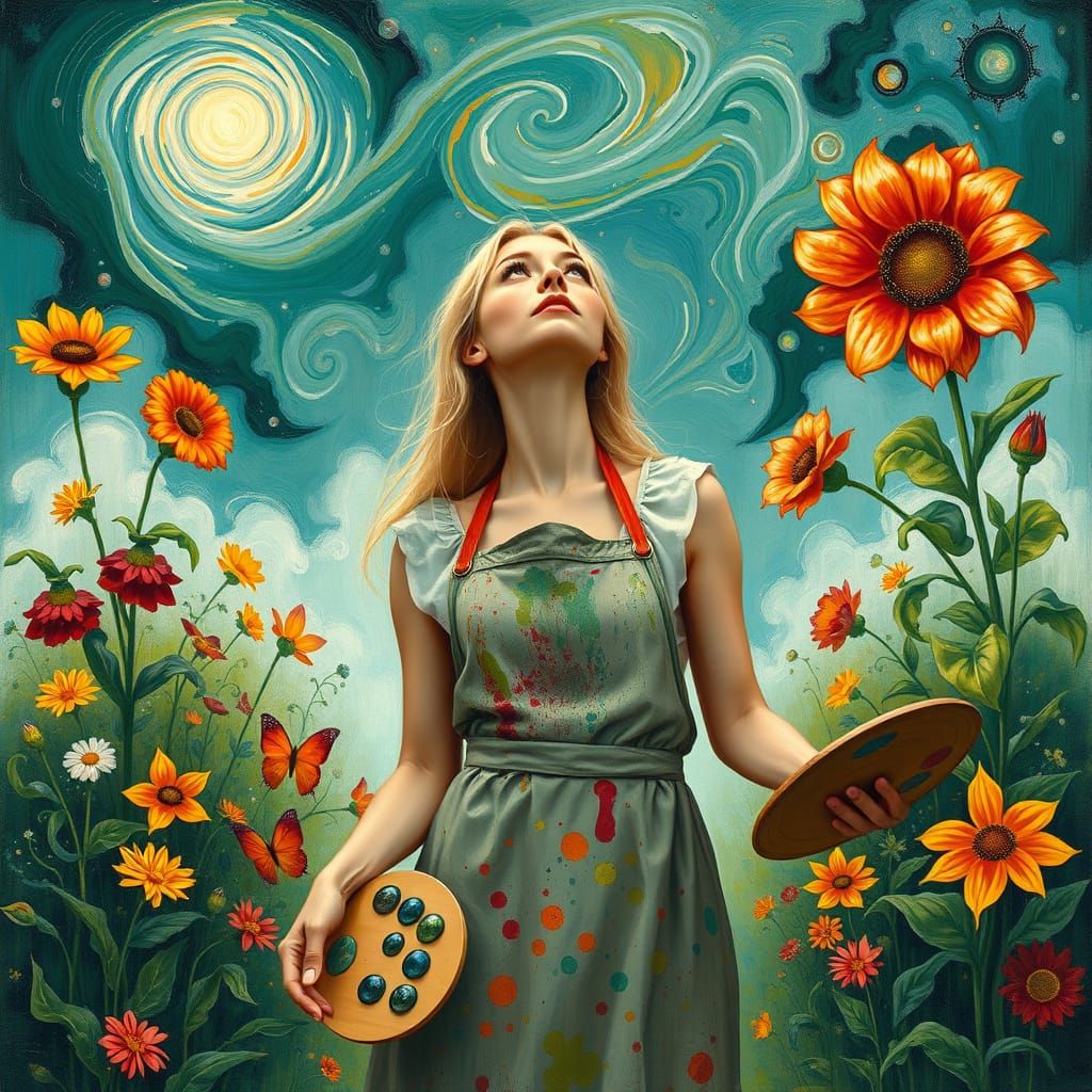 Whimsical Garden Scene with Venus in the Sky, in the Style o...