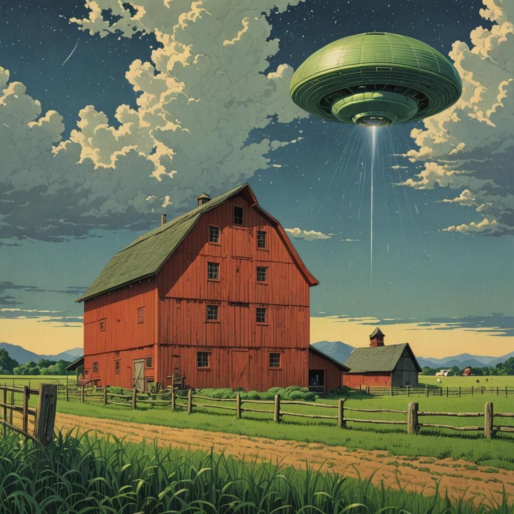 Alien Invasion of Farm in Japanese Printmaking Style