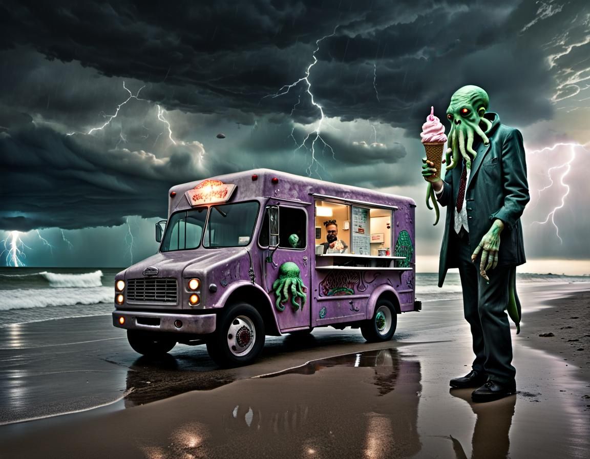 Creepy Cthulhu Ice Cream Truck on Beach