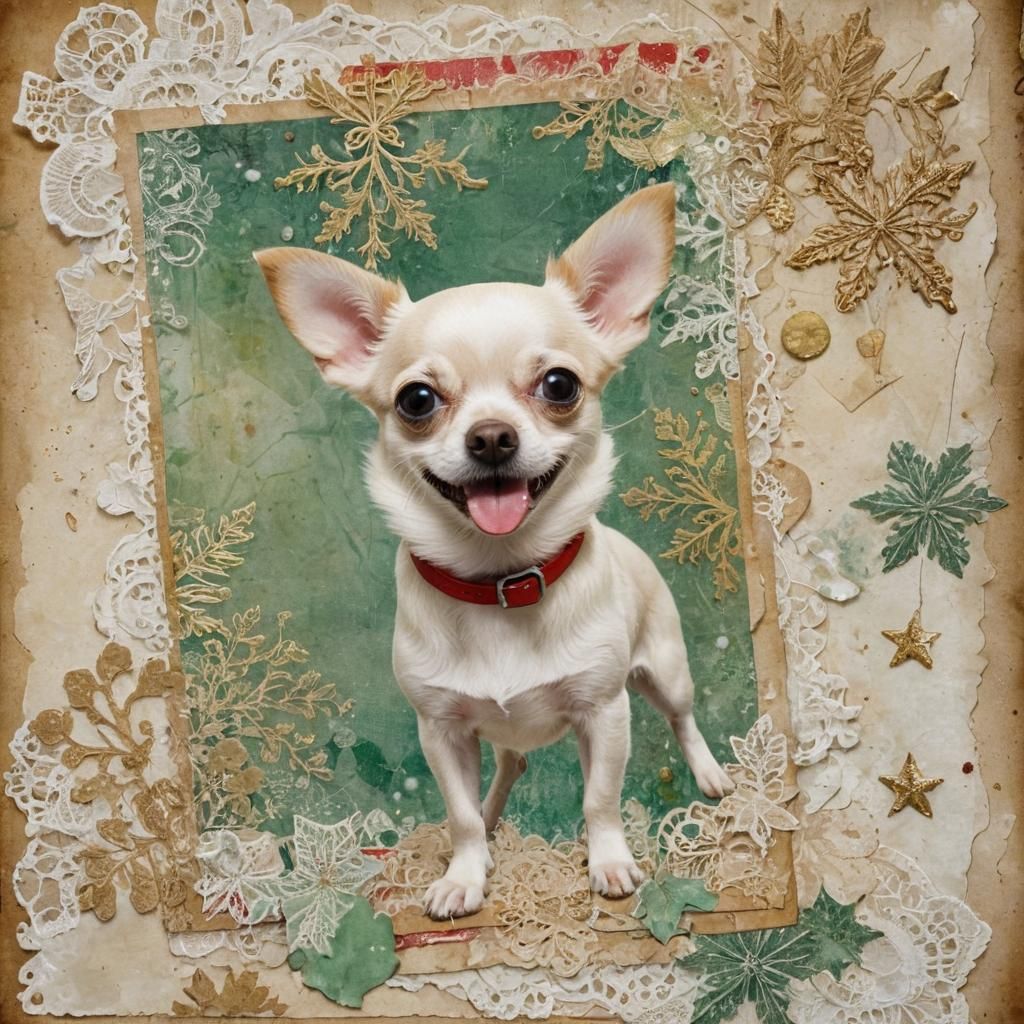 Festive Christmas Collage of White Chihuahua
