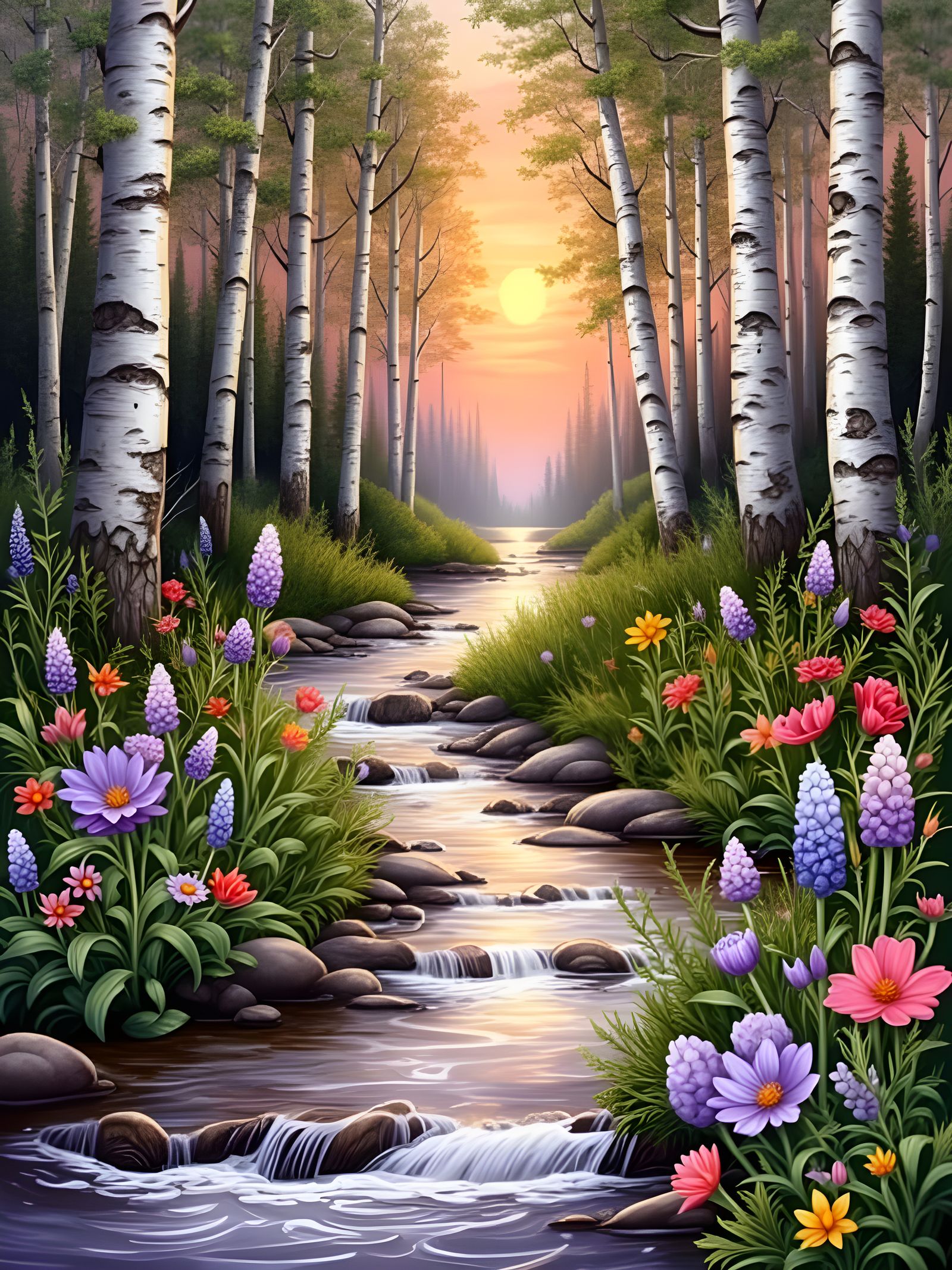 Vibrant Sunset in Enchanted Birch Forest