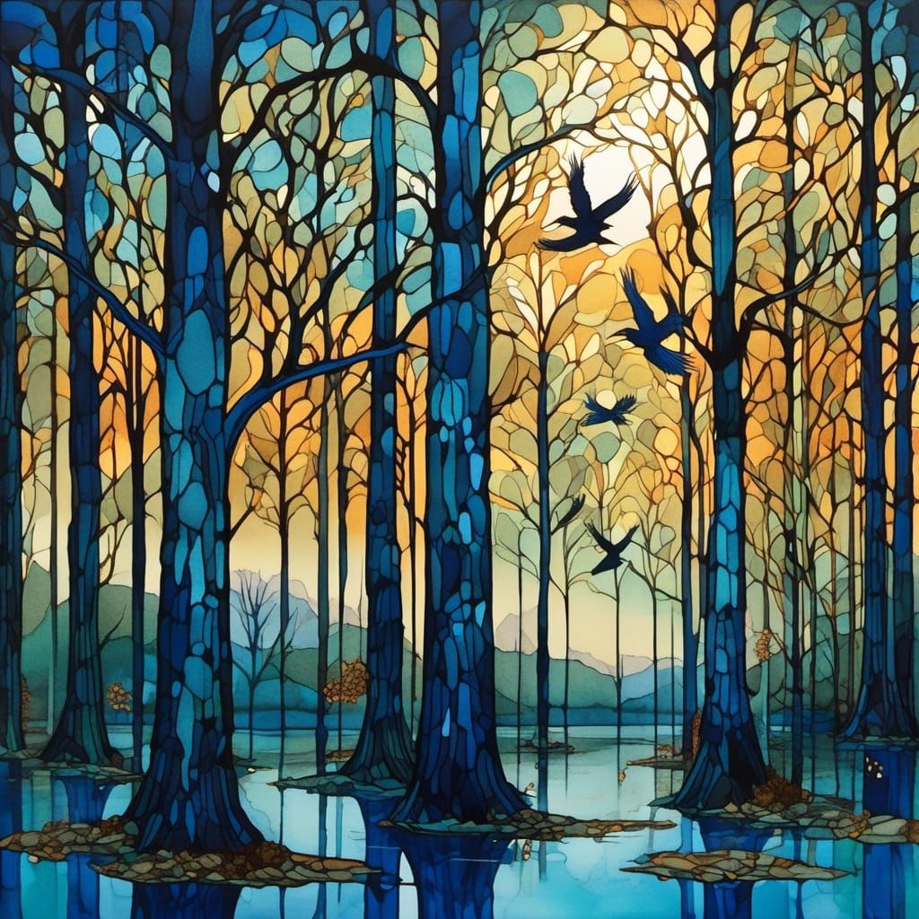 tall deciduous trees, wetland habitat, water reflection, bac...