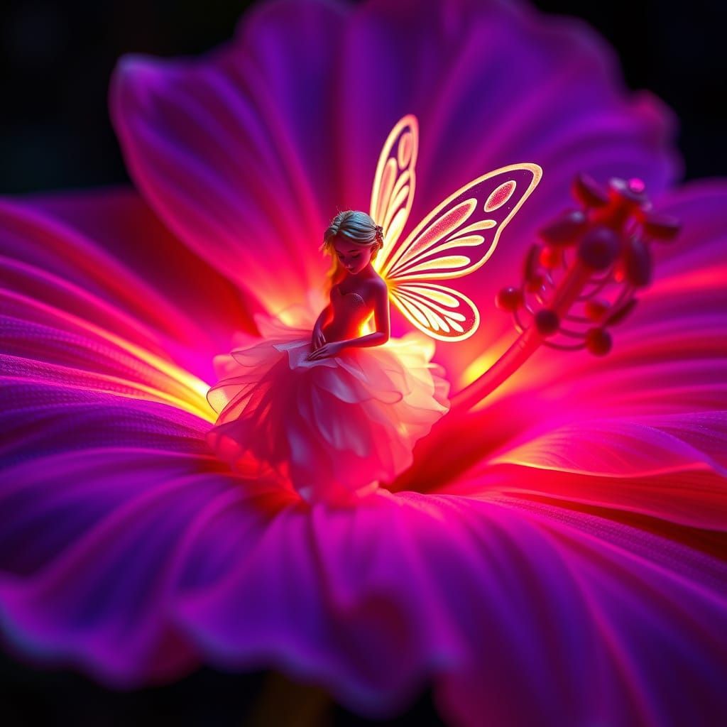 Glowing Fairy on Neon Hibiscus in Ethereal Style